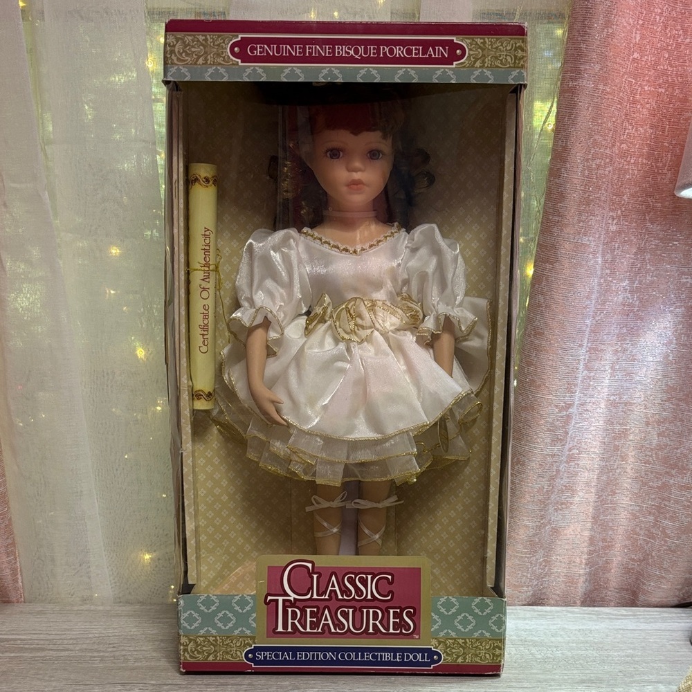 Classic Treasures Porcelain Doll with Gold and White Dress